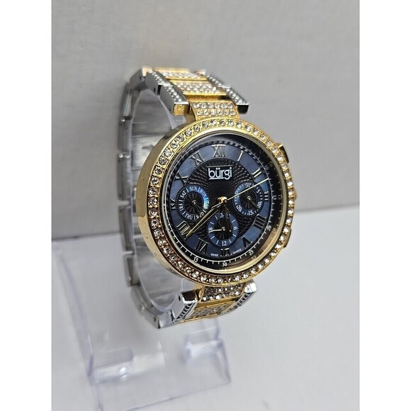 Burgi Womens Two Tone Crystal Swiss Watch Blue MOP Multifunction New Battery main image 6
